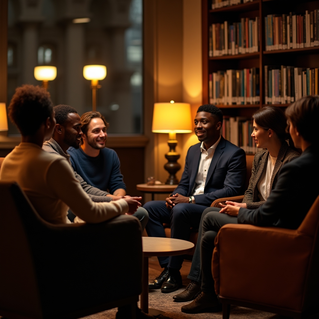 Gruppe von Berufseinsteigern im ersten Berufsjahr beim gemeinsamen Gespräch