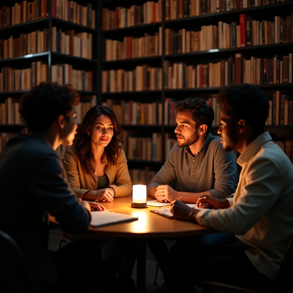 Kleine Gruppe von vier Personen in vertiefter Diskussion an einem Tisch in einer ruhigen Bibliotheksumgebung
